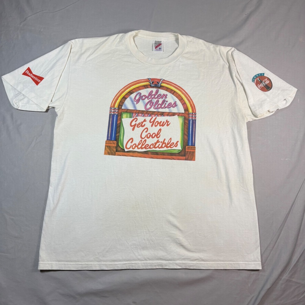 Vintage Jerzees Golden Oldies T-Shirt XL White Budweiser Coca-Cola Single Stitch